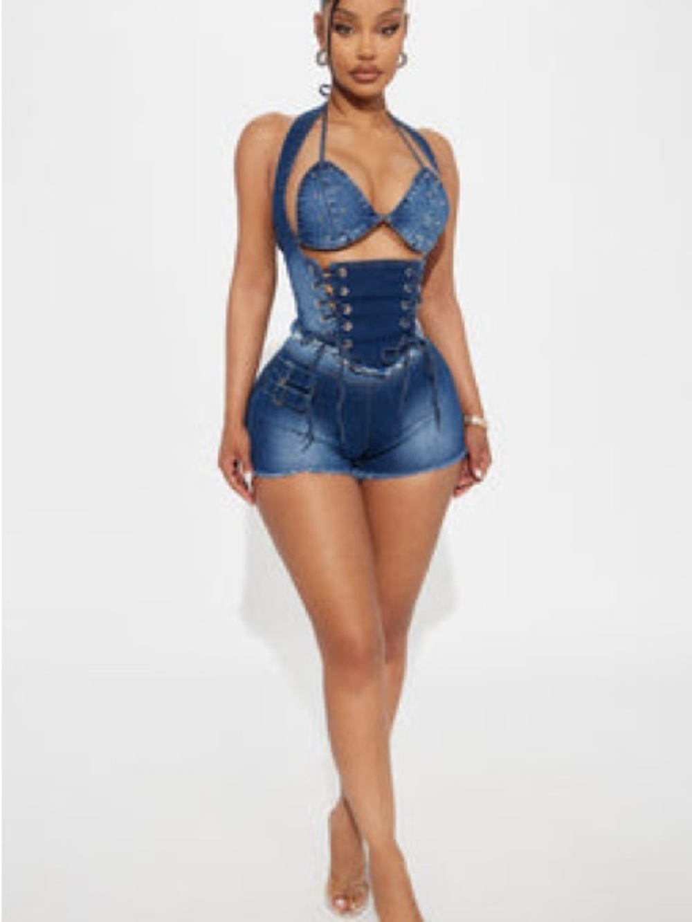 Fashion Nova Blue Denim Lace-Up Halter Romper